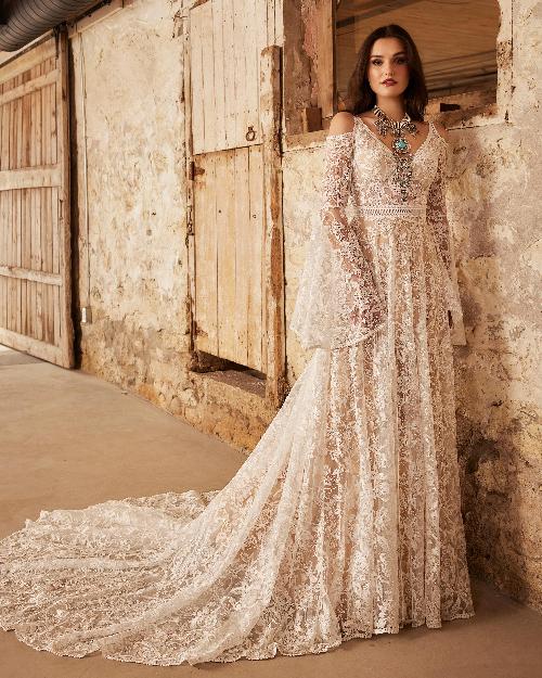 Lp2250 off the shoulder boho wedding dress with bell sleeves and a line silhouette1